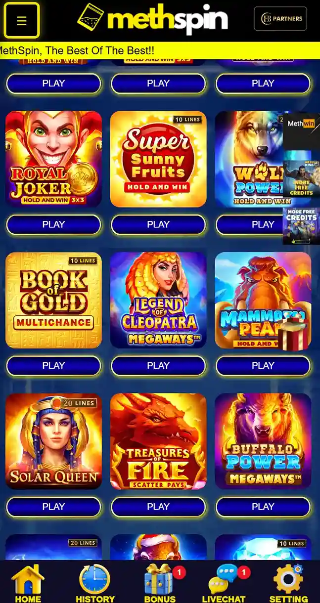 Methspin mobile app game selection
